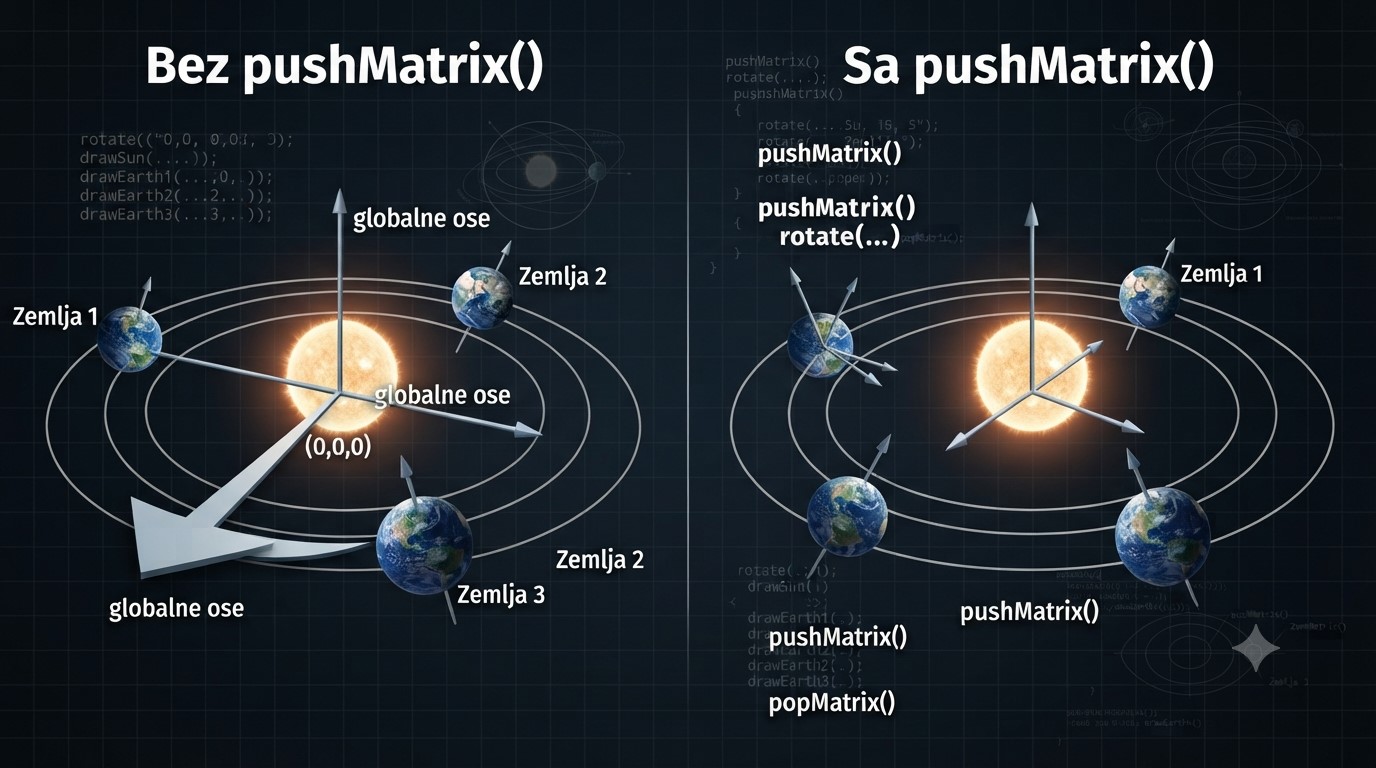 Употреба команди pushMatrix() i popMatrix() у 3D координатном систему